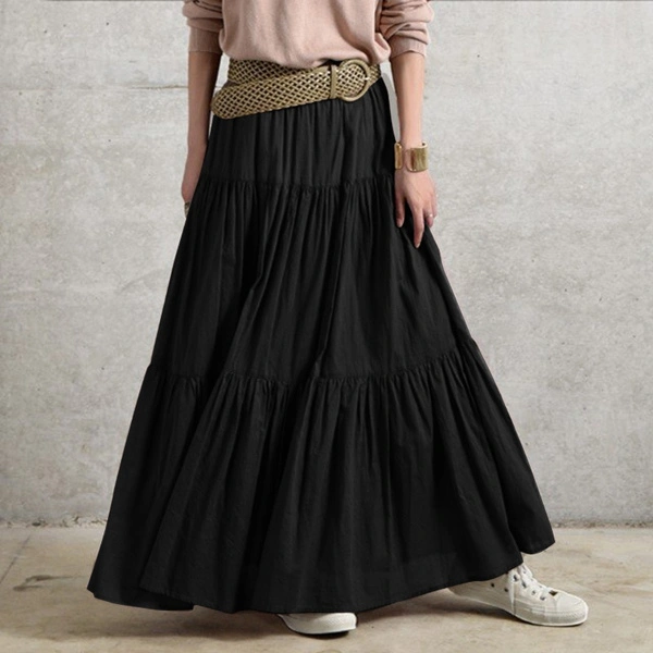 ZANZEA Women Elastic Waist Summer Beach Casual Loose Long Skirts Ruffled Vintage Long Dresses