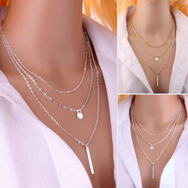 Multi Layered Metal Sequin Spike Pendant Clavicle Necklace Fashion Jewelry for Women