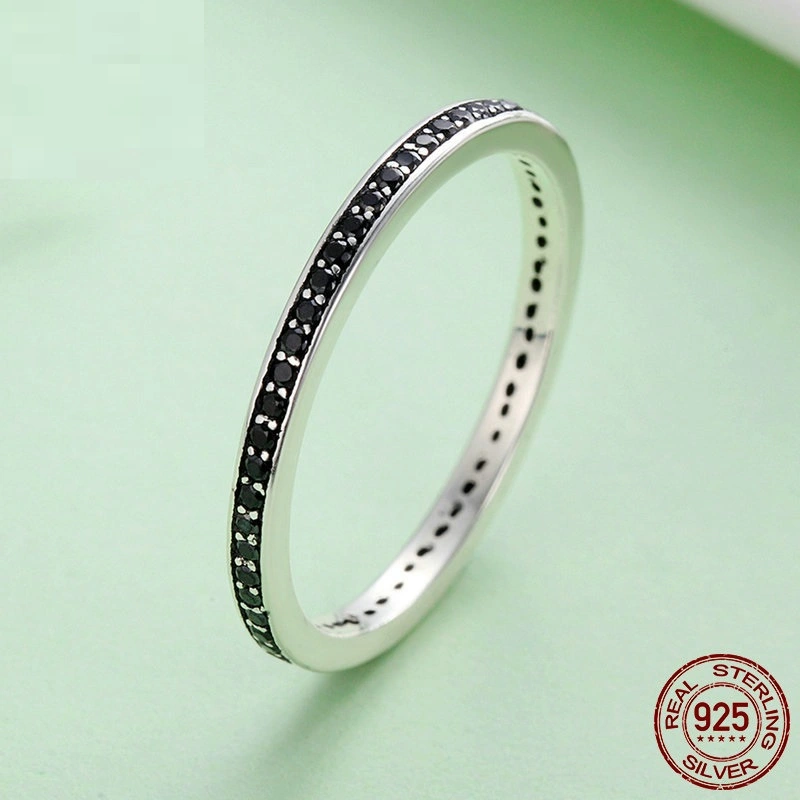 Simple Fashion Elegant Women's Black Zircon S925 Sterling Silver Ring