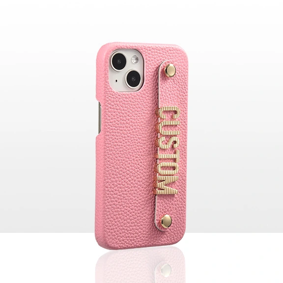 Genuine Leather Lychee Pattern Metal Letter Phone Case