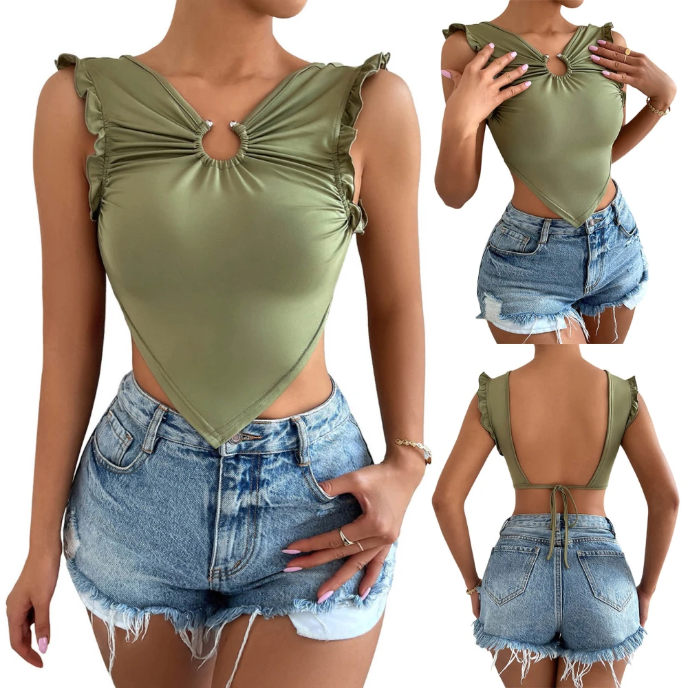 Women’s Open Back Tank Tops Summer Sleeveless V Neck Metal Ring Front Solid Color Crop Tops