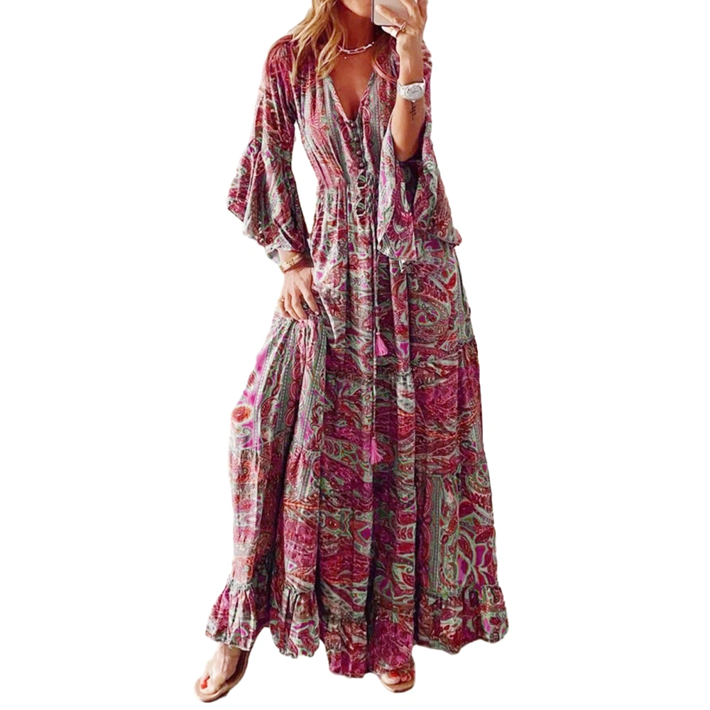 Women’s Bohemian Long Dress Long Flared Sleeve Drawstring Waist A-Line Beach Dress Summer Midi Dress