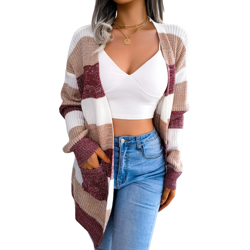 Women Knit Cardigan, Long Sleeve Open Front Striped Fall Jacket Sweater for Casual Daily