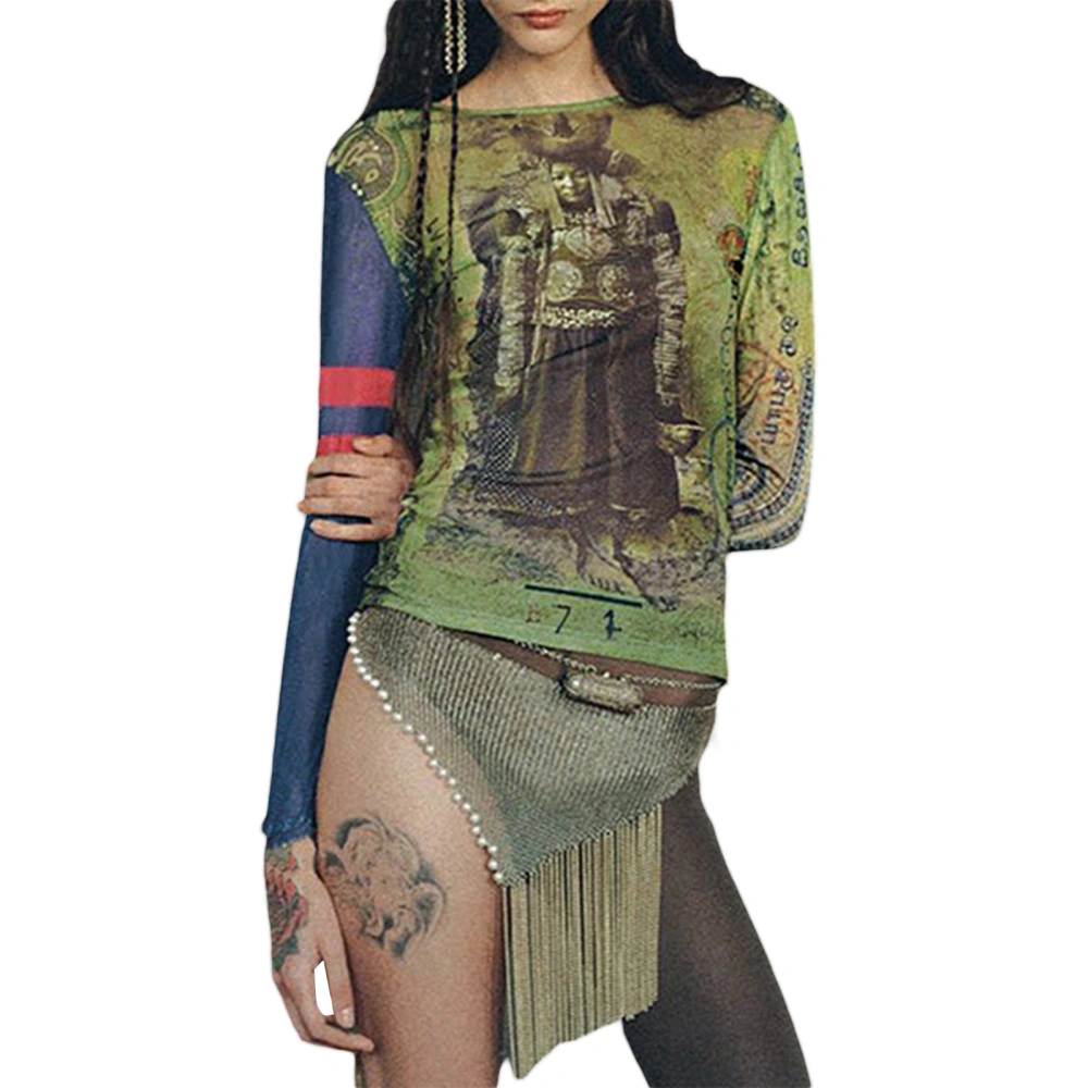 Women T-shirt, Vintage Long Sleeve Crew Neck Portrait Print Slim Fit Ladies Tops Streetwear