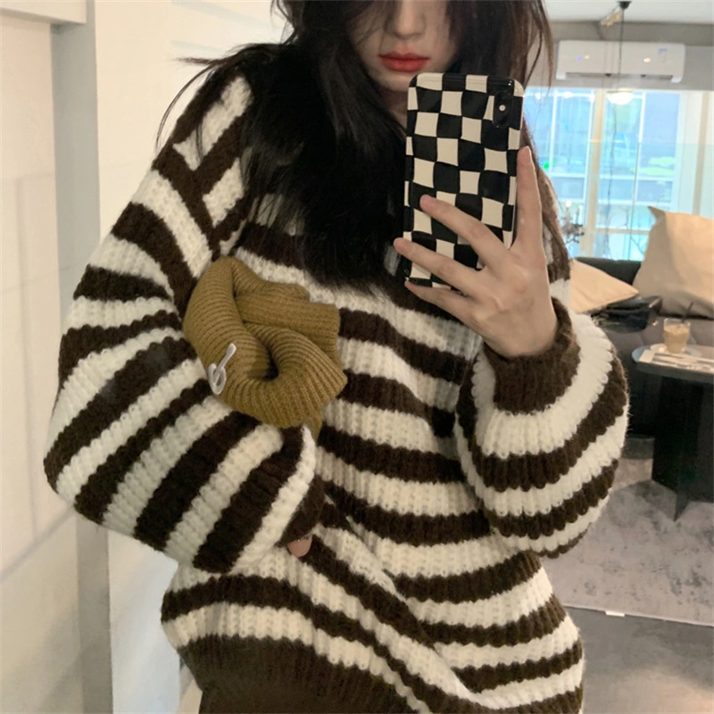 Autumn Winter New Thickened Round Neck Striped Pullover Sweater Female Students Lazy Loose All-match Long-sleeved Sweater