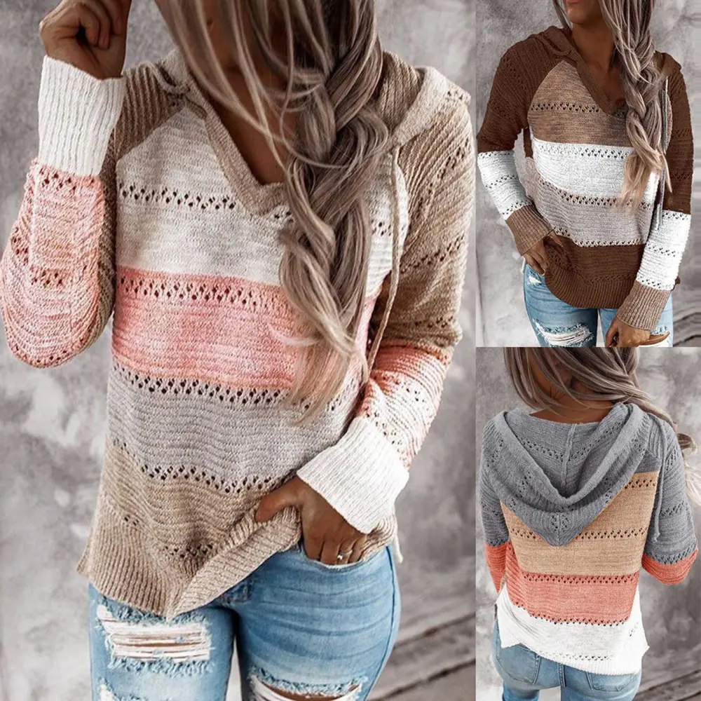 Fashion Women Casual Patchwork V-Neck Long Sleeves Hooded Sweater Blouse Tops