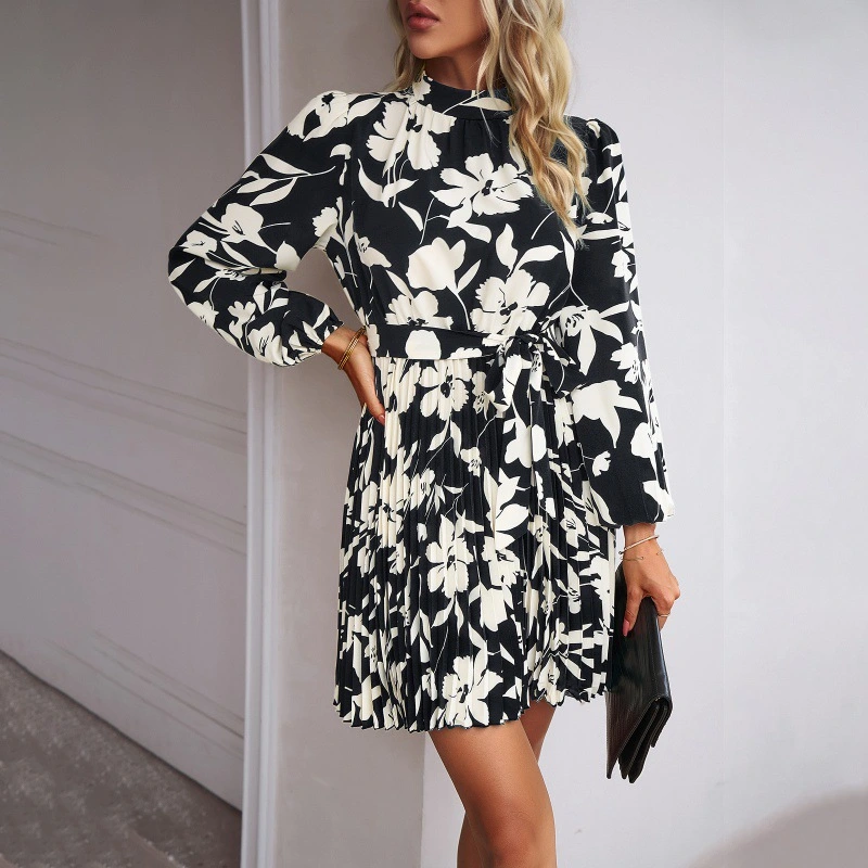 Holiday Casual Long Sleeve Round Neck Pleated Skirt