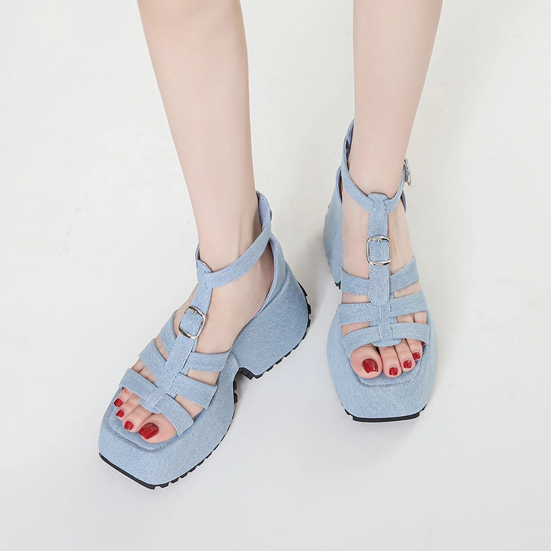 Blue Denim Platform Sandals Women's Casual Ladies Roman Sandals Muffin Fashionable Ladies Shoes