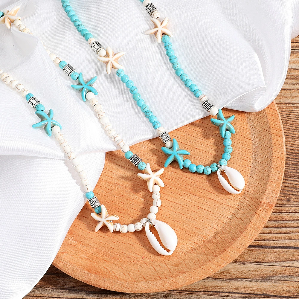 European And American Bohemian Handmade Turquoise Natural Shell Starfish Necklace