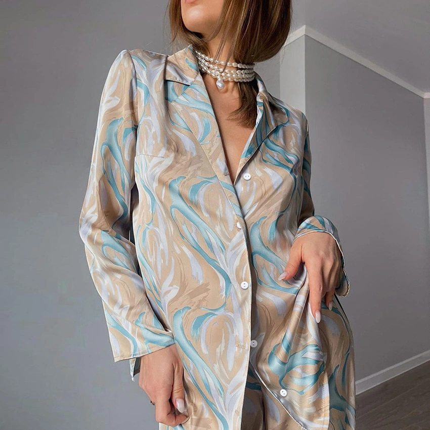 Hot Casual Cardigan Printed Imitated Silk Pajamas Two-piece Set