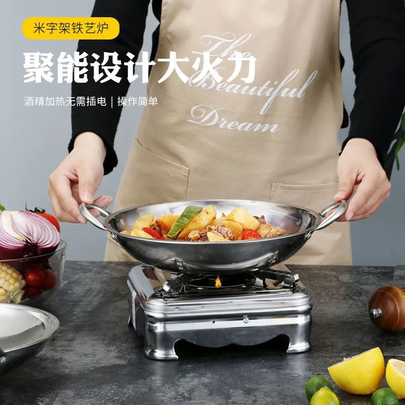 Stainless Steel Wok Pan with Double Handle Household Griddle Pan for Home Kitchen