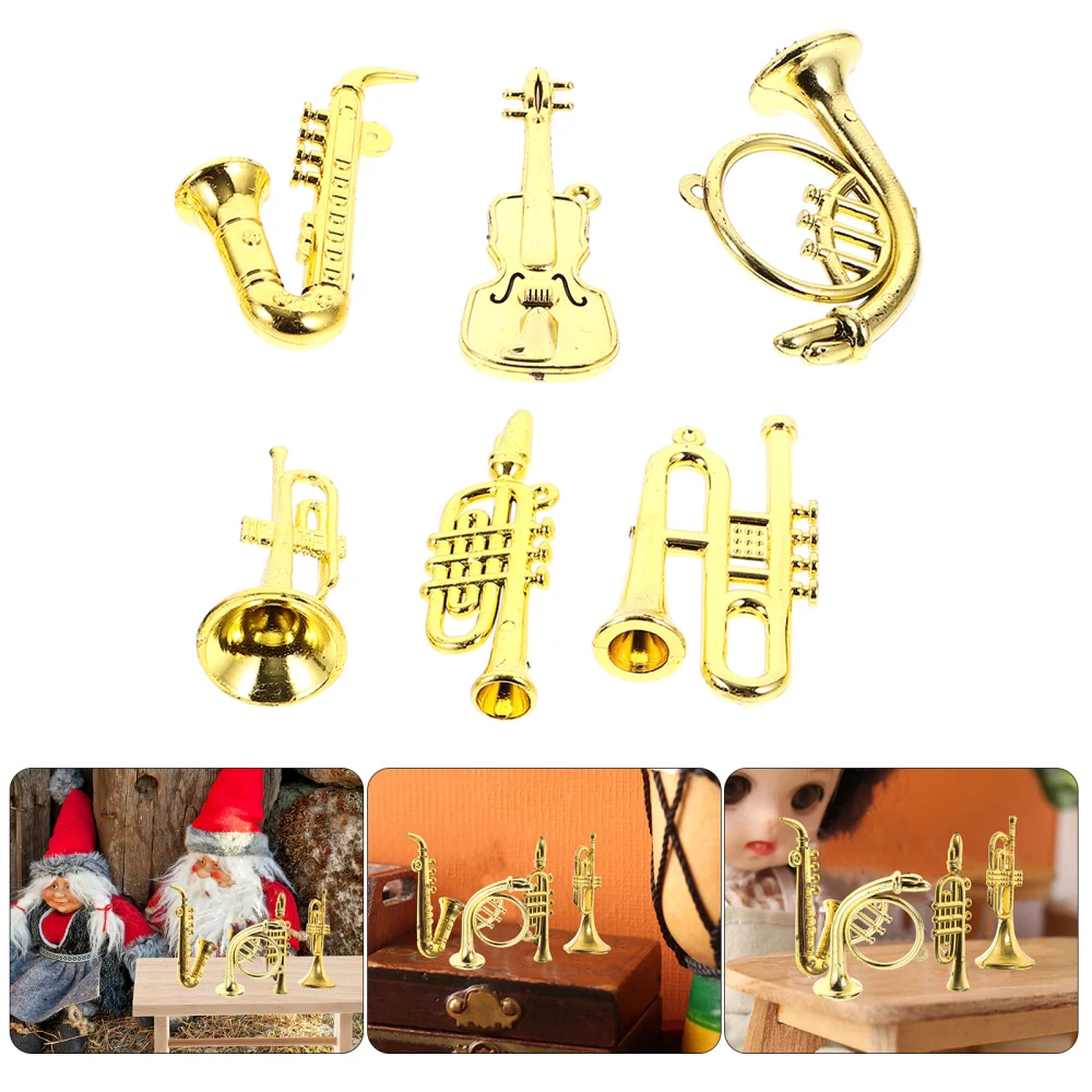 6pcs Mini Plastic Musical Instrument Doll House Trumpet Saxophone Miniature Christmas Tree Hanging Decor