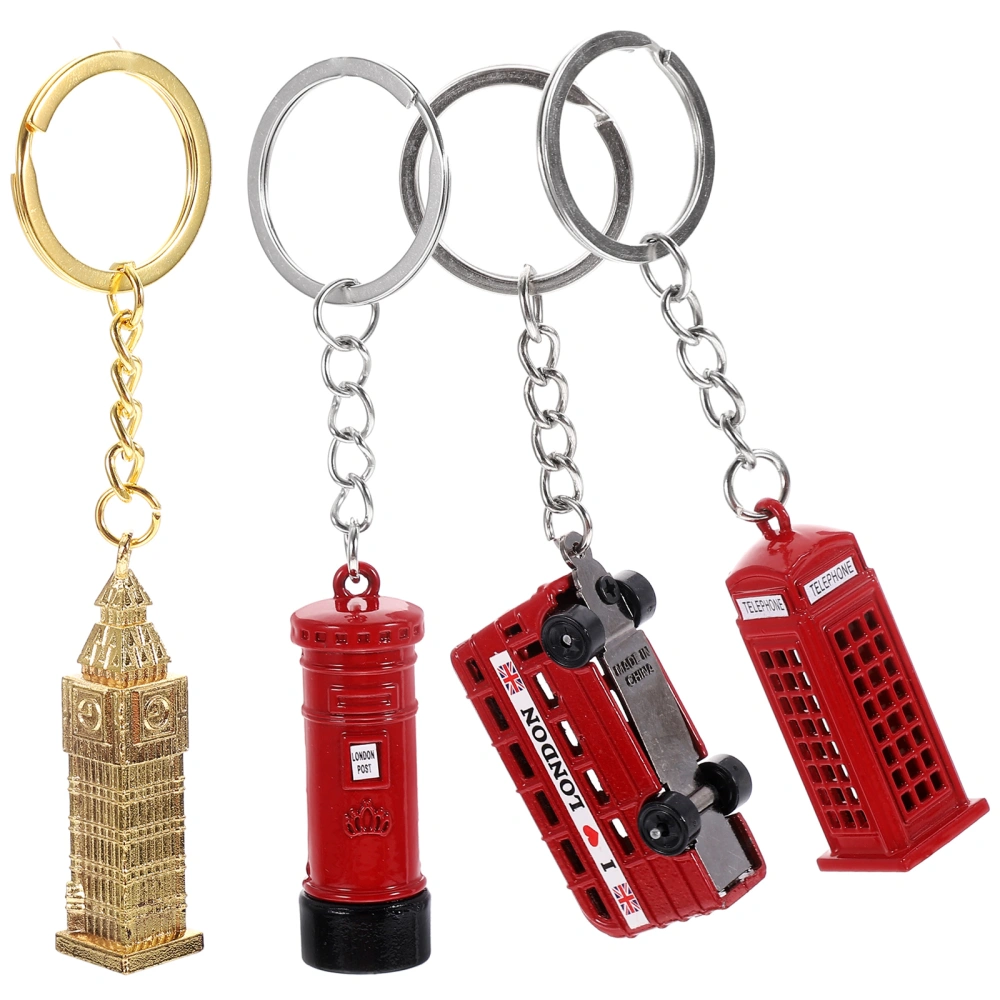 4pcs British Element Key Chain Stylish Alloy Keychain Pendant Unisex Bag Hanging Charm