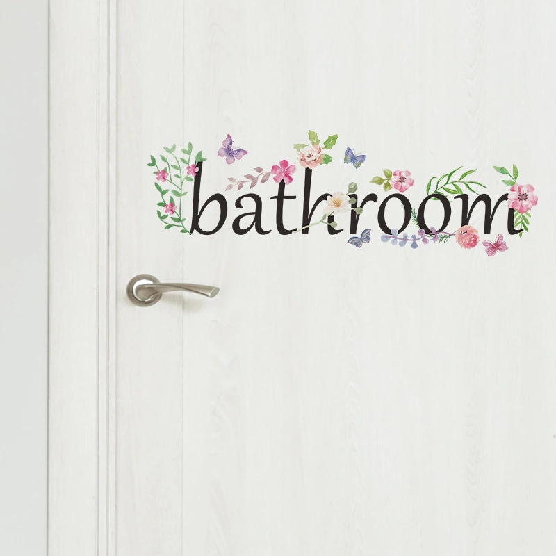 3pcs English Letter Bathroom and Flower Printing Sticker Bathroom Door Sticker Bathroom Decals