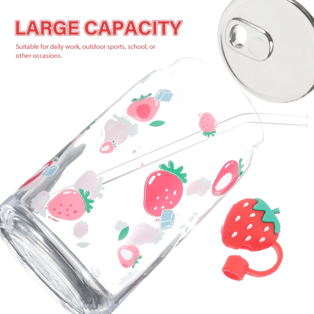 Glass Water Cup with Straw and Lid Strawberry Pattern Glass Cup Water Juice Bottle