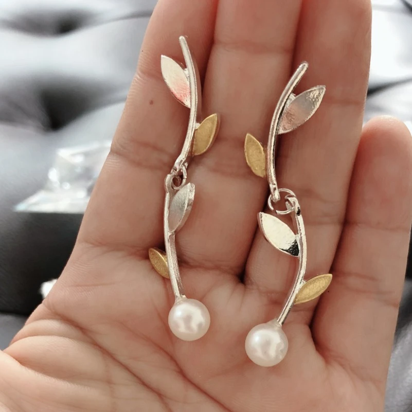 Retro 925 Silver Color Separation Leaf Pearl Earrings