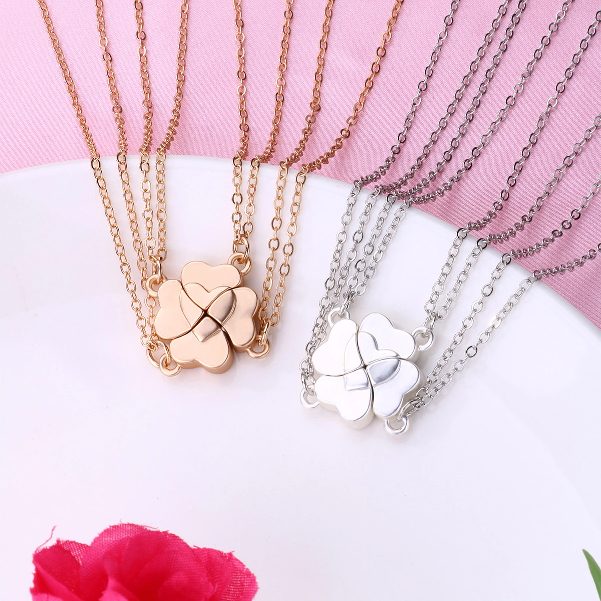Four-Leaf Clover Stitching Magnetite Alloy Pendant  Good Friend 4-person Combination Necklace