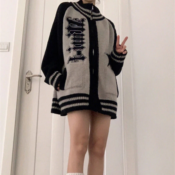 American Retro Cardigan Knitted Coat Women's Zip Sweater