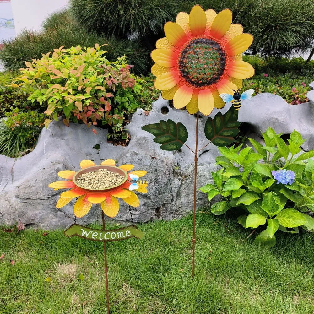 Creative Garden Welcome Sign Sunflower Lawn Stake Decor Outdoor Bird Food Tray Garden Bird Feeder