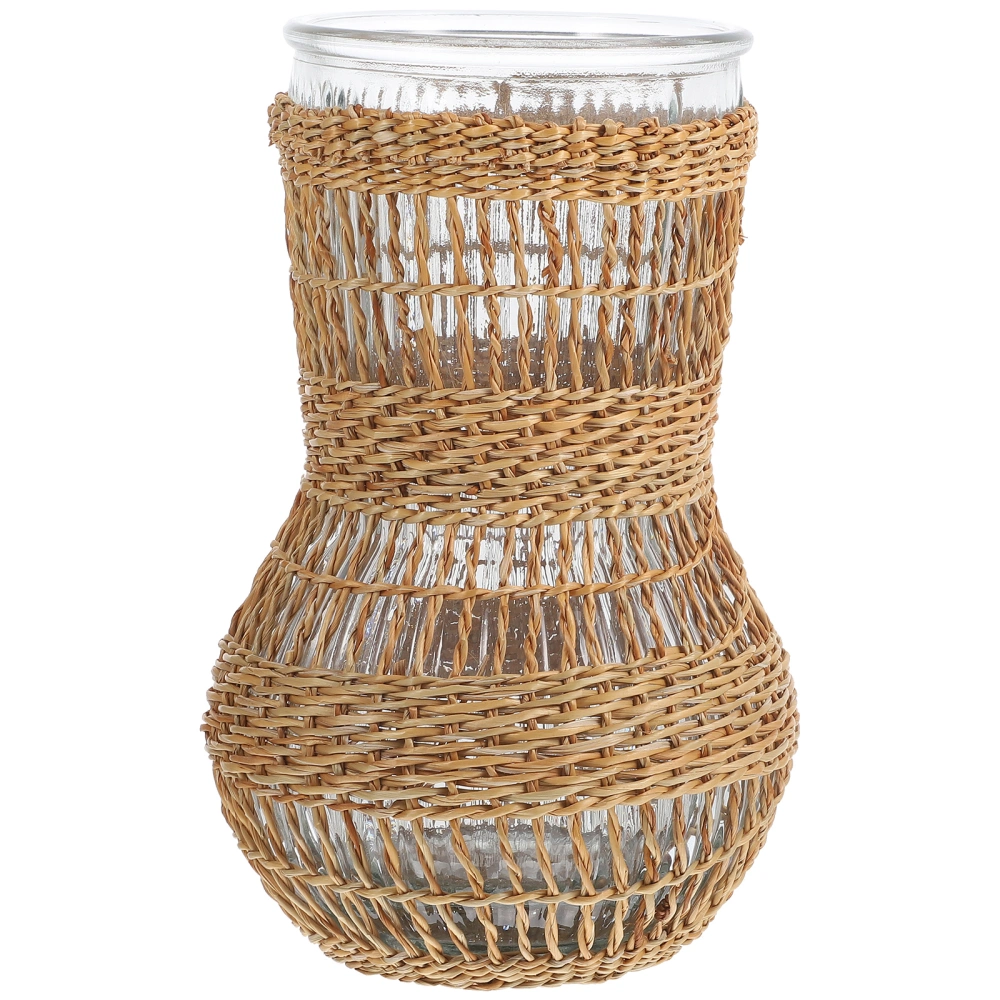 Clear Flower Vase with Rattan Woven Cover Flower Bud Container Farmhouse Vase