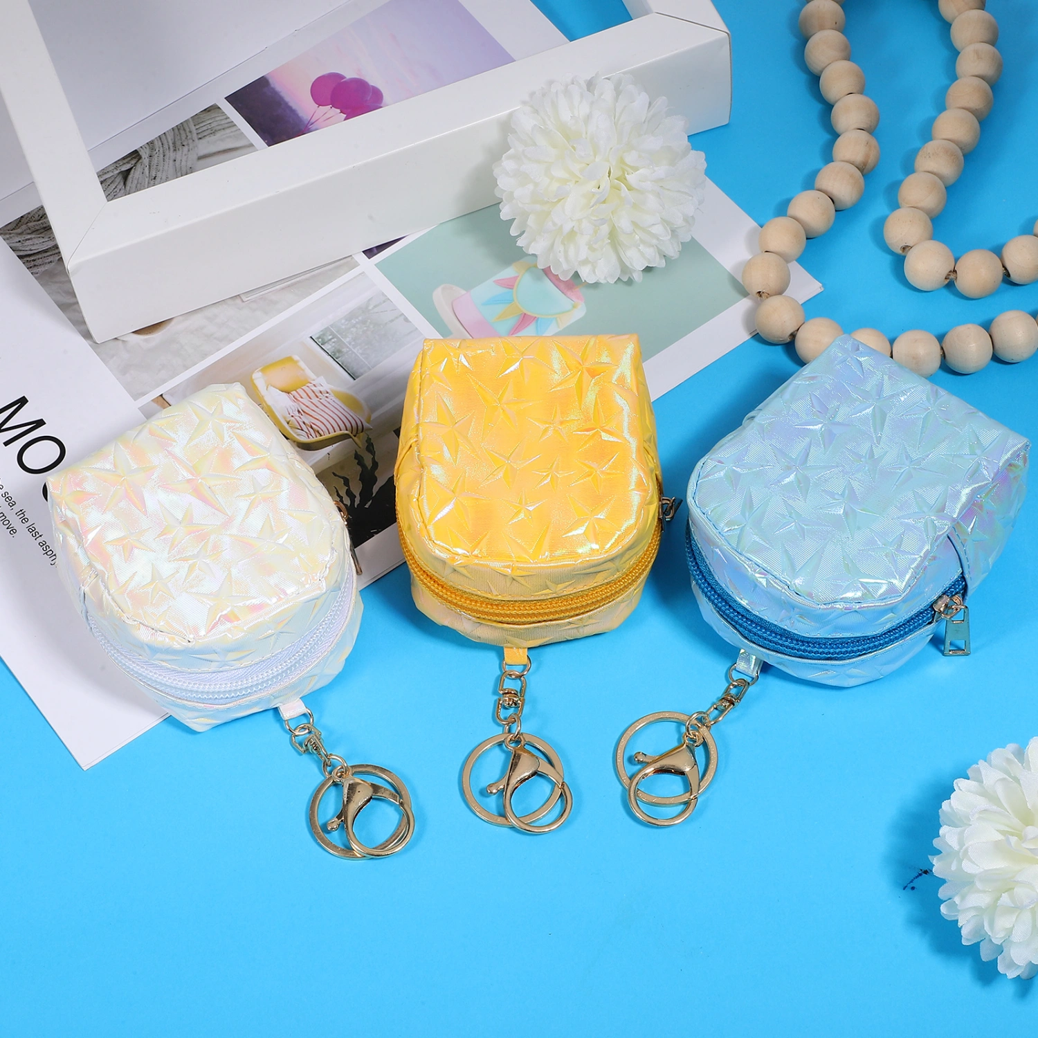3 Pcs Mini Coin Purses Zipper Coin Pouches Texture Star Purses Small Wallets with Keychain