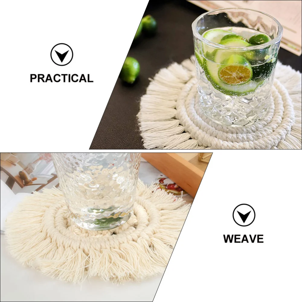 2pcs Round Cotton Woven Placemat Rustic Style Desktop Woven Coaster Delicate Tassel Decoration Cup Mat