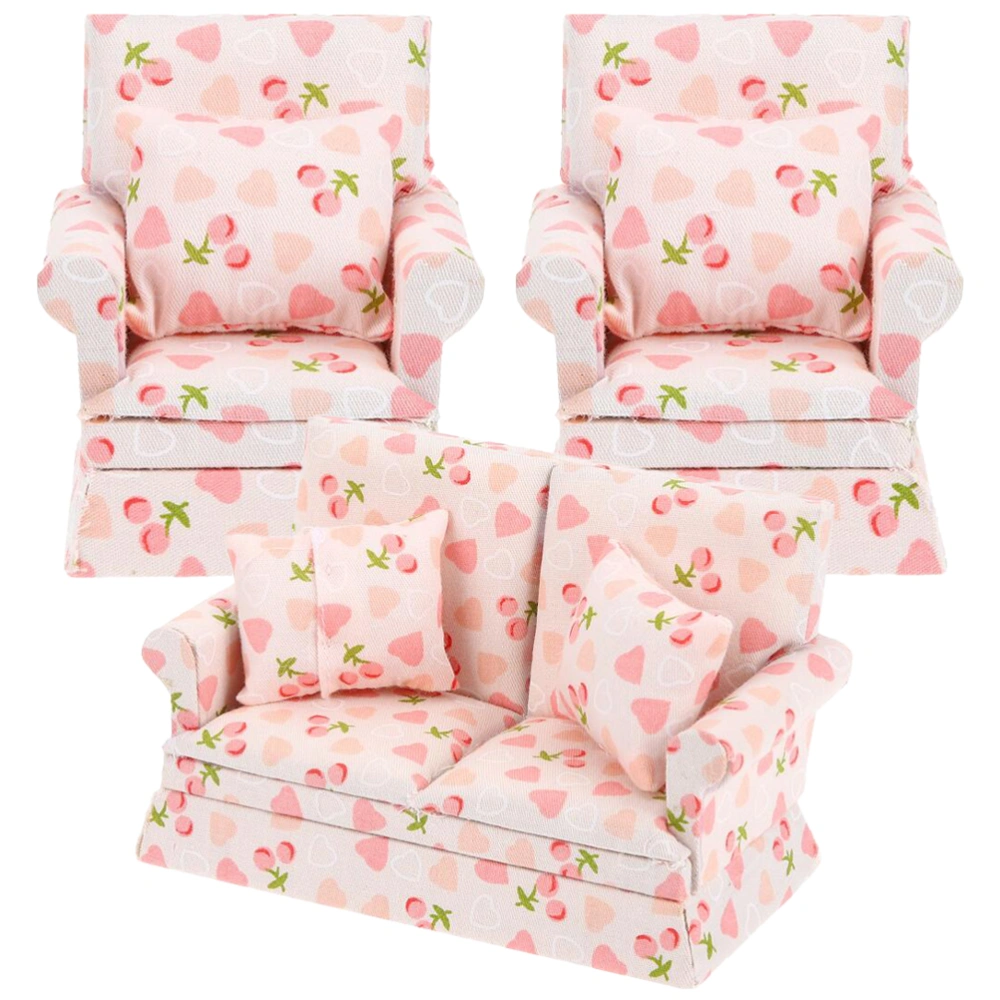 1 Set Doll House Mini Single Sofa Mini Double Sofa Couch Miniature Furniture with Pillows