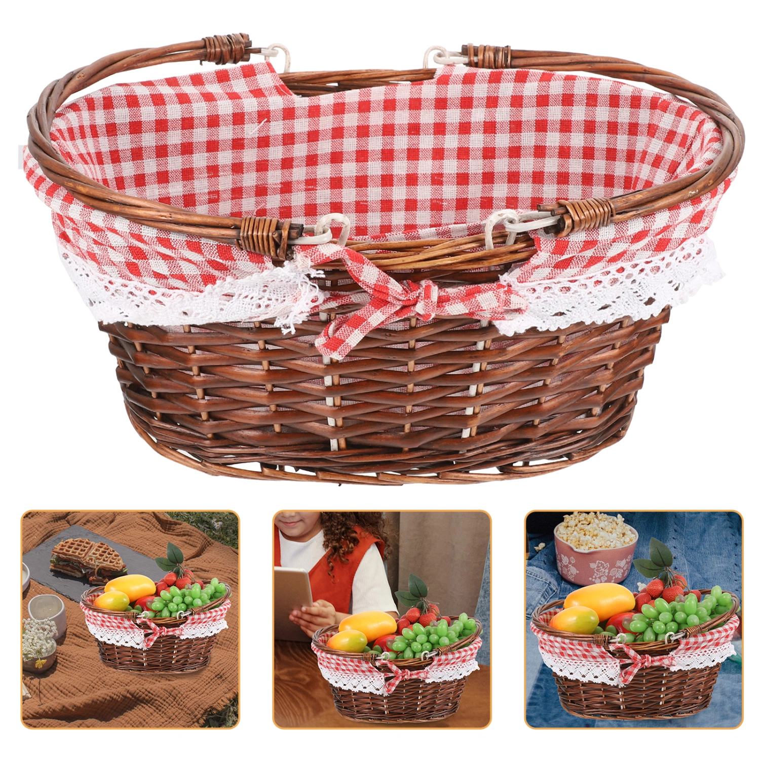 Wicker Picnic Basket Fruit Vegetable Basket Picnic Food Carrying Basket Woven Basket with Handle