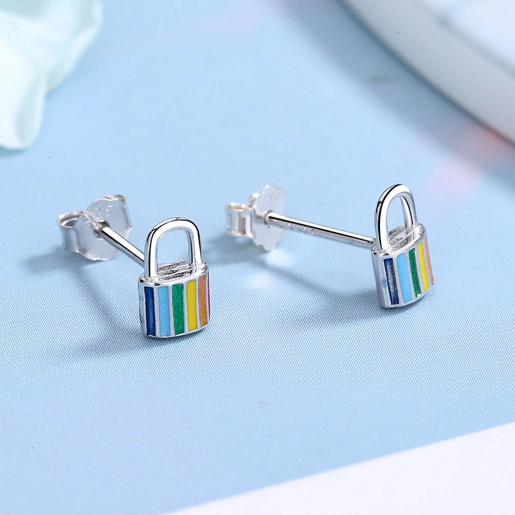 1 Pair Colorful Lock Ear Studs Women Stud Earrings Ear Jewelry Costume Jewelry