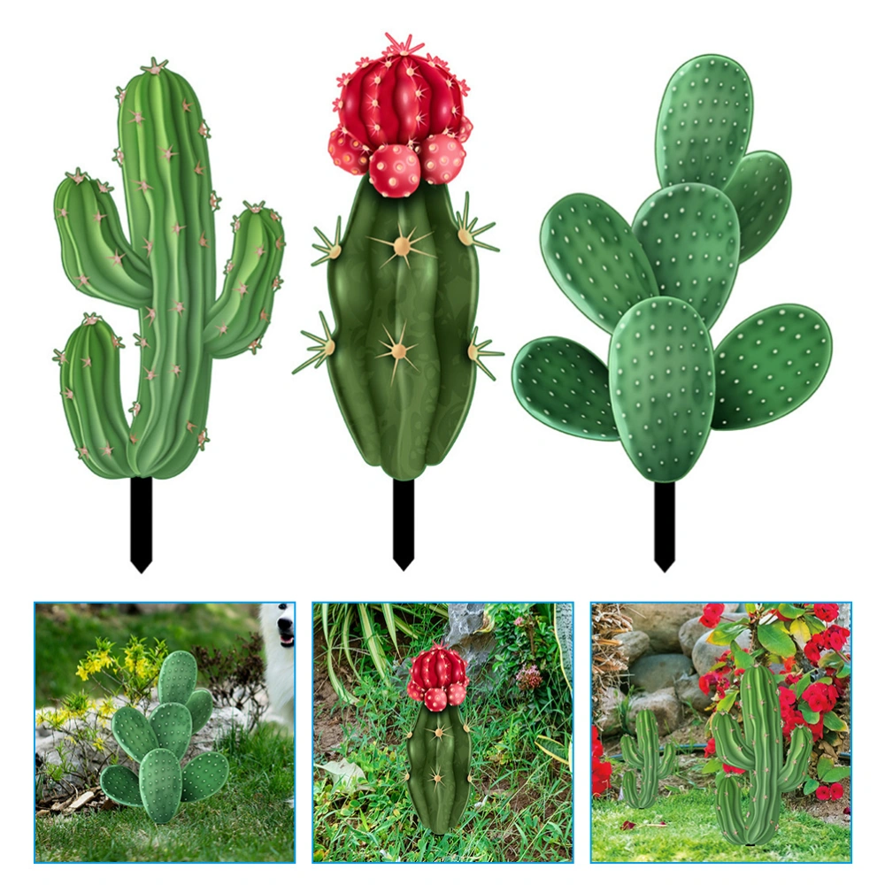 3Pcs Garden Plant Stake Yard Cactus Art Sign Realistic Cactus Yards Art Decorative Stake