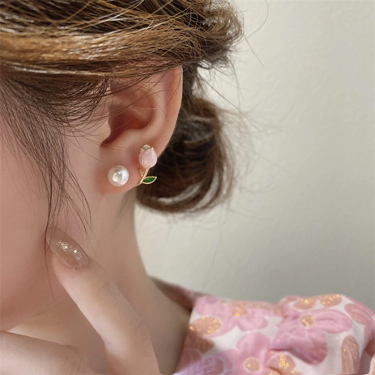 1 Pair Tulip Ear Studs Flower Earrings Women Ear Jewelries Small Ear Studs Pearl Stud Earrings
