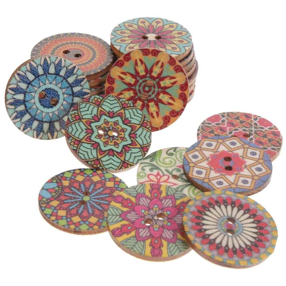 100pcs Bohemian Flower Pattern Wooden Buttons Flower Painting Buttons DIY Craft Embellishments Random Color