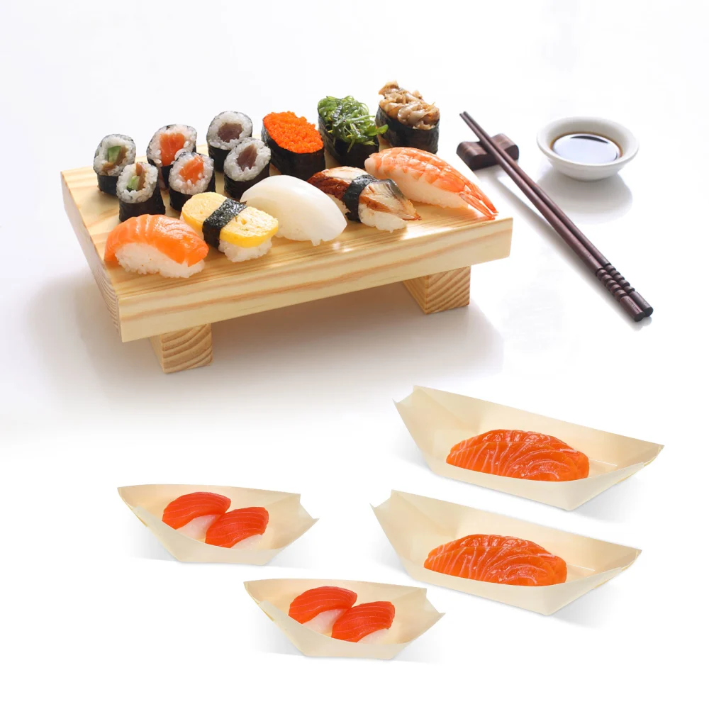 50Pcs Disposable Sushi Boat Plates Natural Wooden Sushi Dishes Trays for Home Restaurant