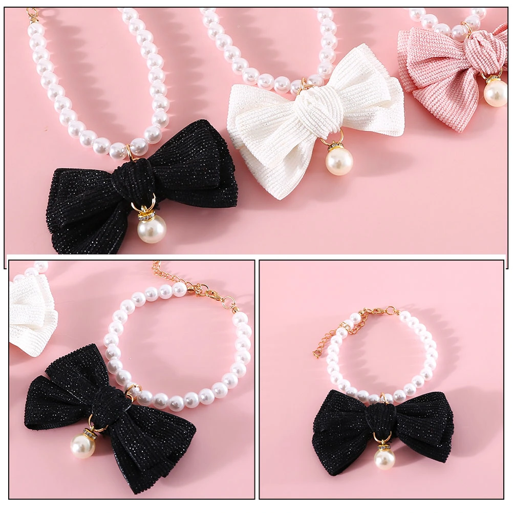 Elegant Pet Pearl Collar Decorative Bowknot Pet Cat Collar Delicate Pearl Chain Pet Necklace