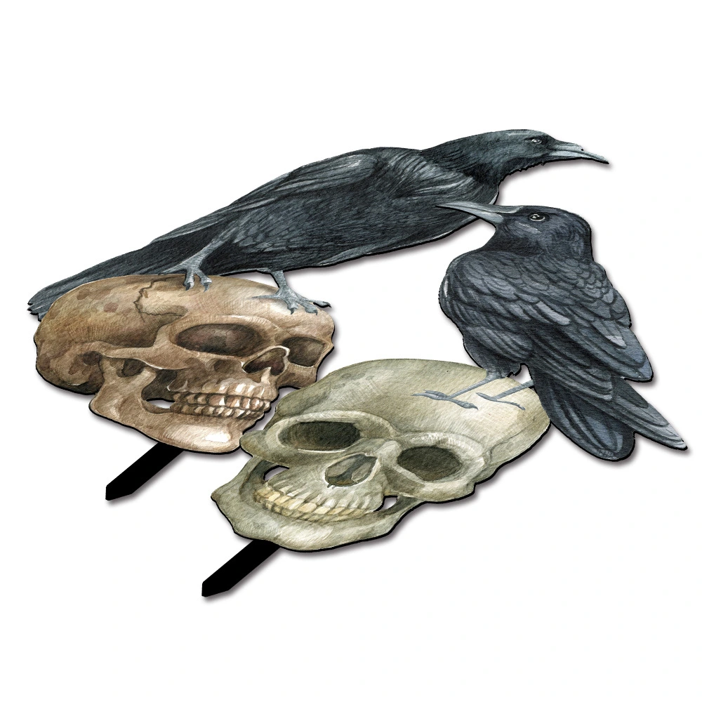 2Pcs Garden Crow Skull Yard Sign with Stake Garden Halloween Decoration Halloween Lawn Yard Stake Decor