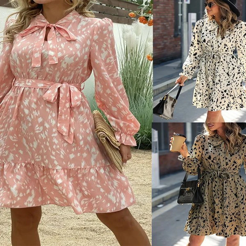 Summer Printed Lace Up Bell Sleeve Elegant Dress For Women