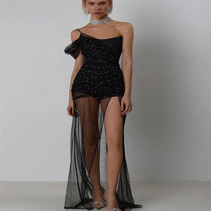Fashionable Slimming Sling Backless Black Sleeveless Sheath Split Mid-length Mesh Dress