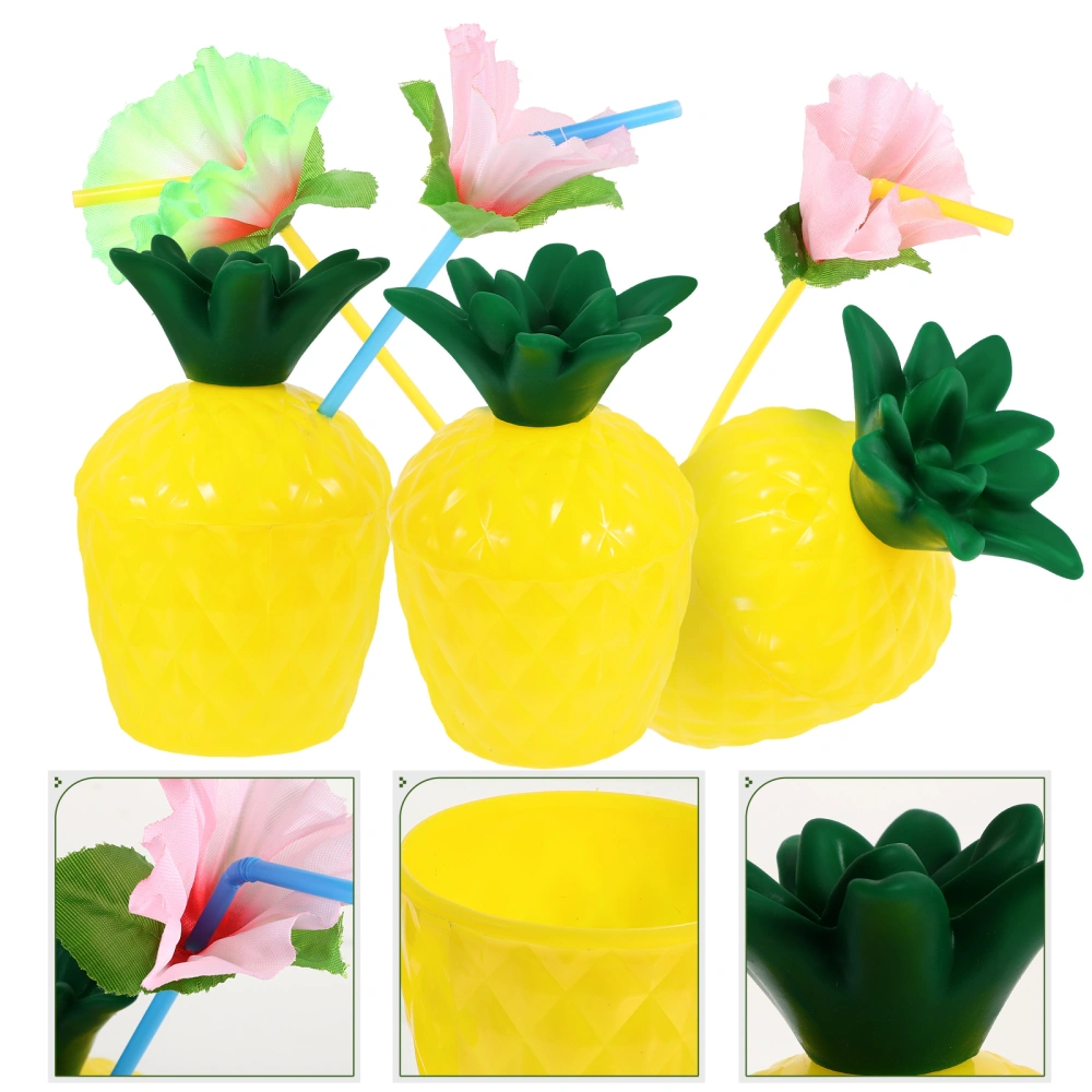 3 Set of Hawaii Themed Pineapple Shaped Drinking Cup Adorable Party Beverage Cup with Straw