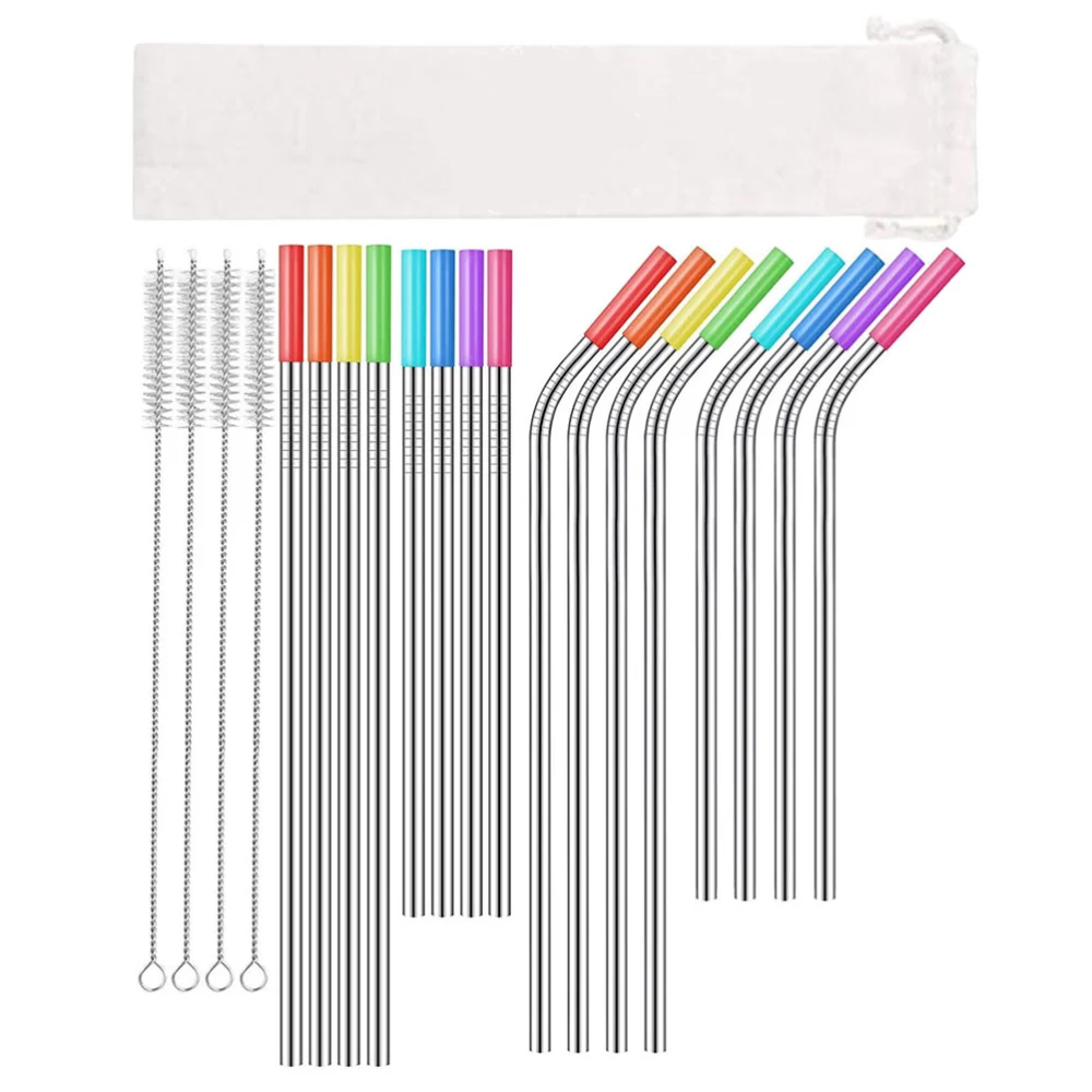 1 Set Stainless Steel Straws Set Drinking Straws with Sleeve Cleaning Brush Cloth Bag