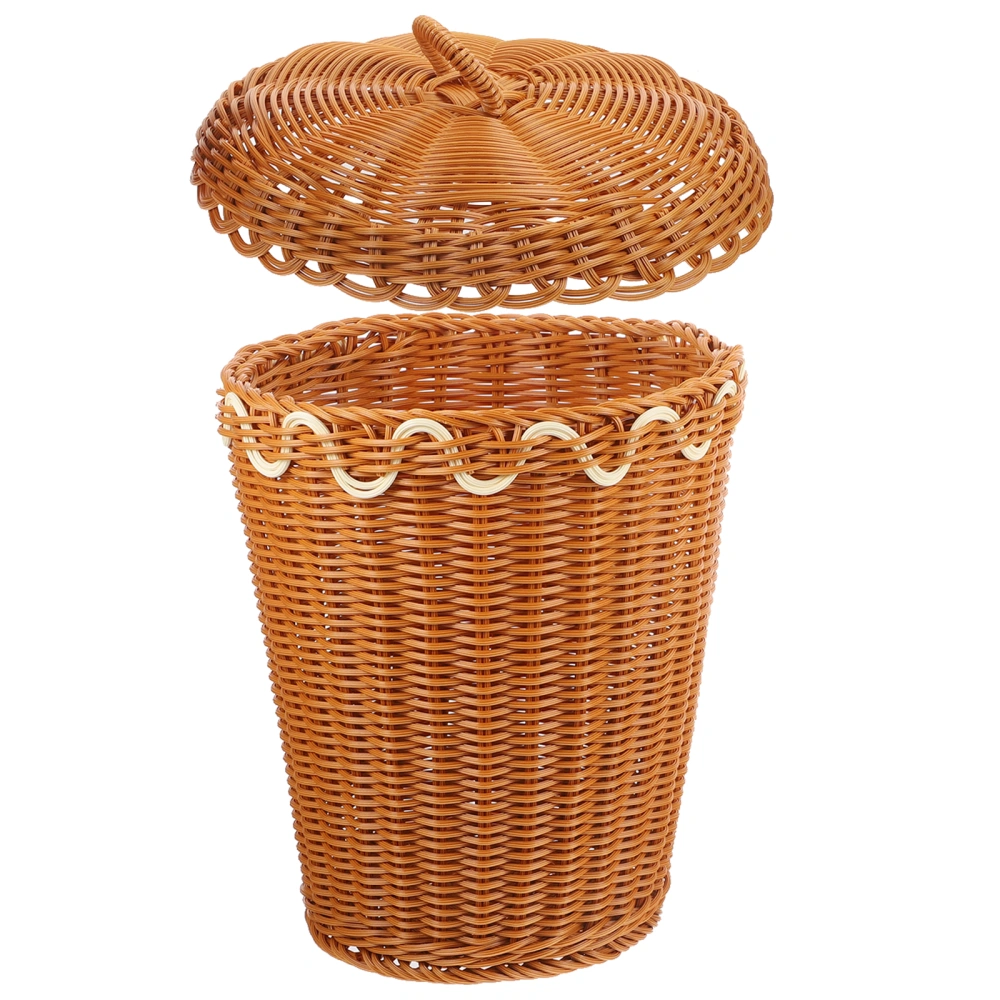 Woven Basket with Lid Imitation Rattan Trash Can Laundry Basket for Bathroom Kitchen