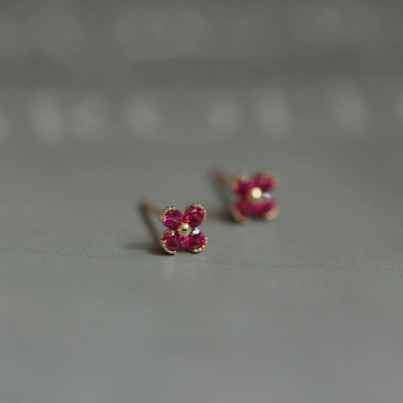 925 Silver Rose Red Little Flowers Ruby Stud Earrings