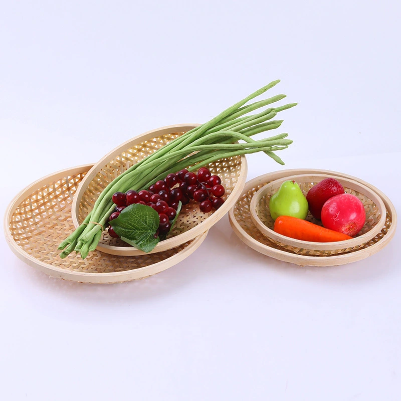 Bamboo Basket Tray Bread Candy Snack Serving Basket Desktop Woven Fruit Plate Fruit Serving Basket