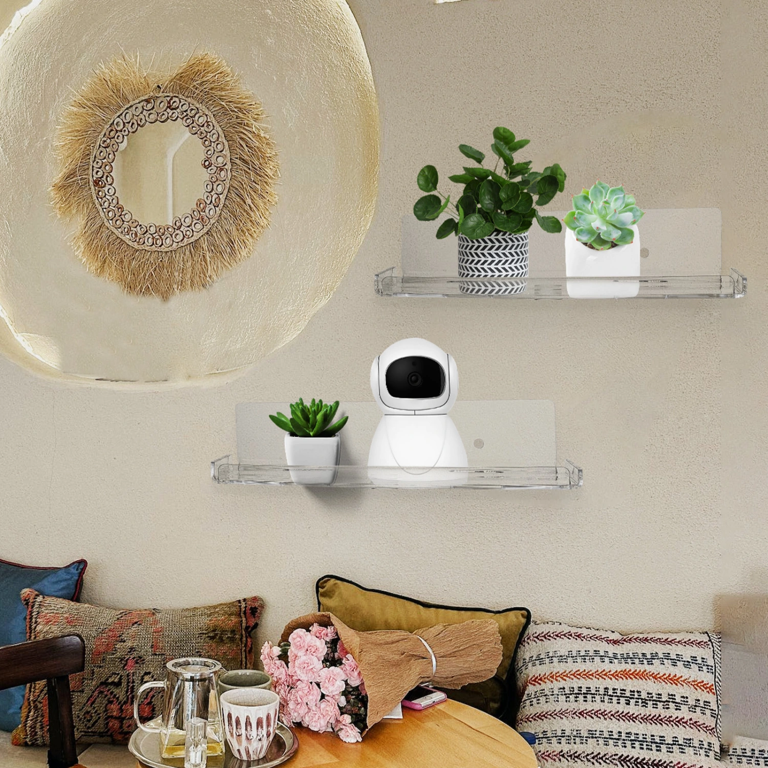 2pcs Acrylic Floating Wall Shelves Wall Mounted Shelves No Punching Shelves for Bedroom Living Room