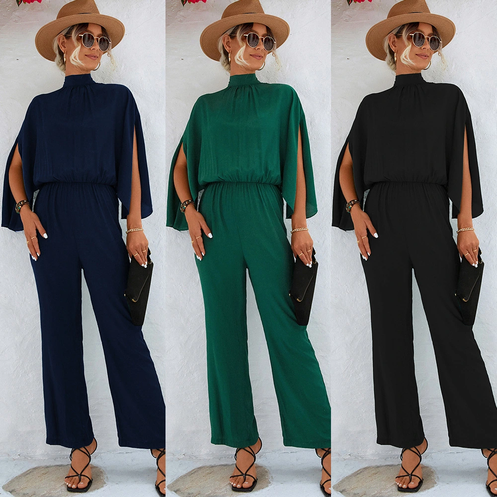 Women's Clothing Stand Collar Jumpsuit With Loose Split Long Sleeves