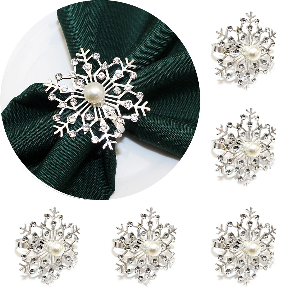 4pcs Christmas Rhinestone Snowflake Napkin Rings Pearl Napkin Rings Dining Table Napkin Rings