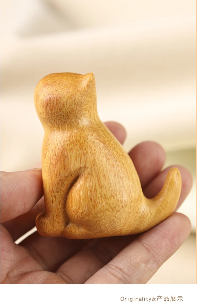 Wood Cat Figurine Small Sitting Kitten Statue Cat Sculpture Desk Ornament