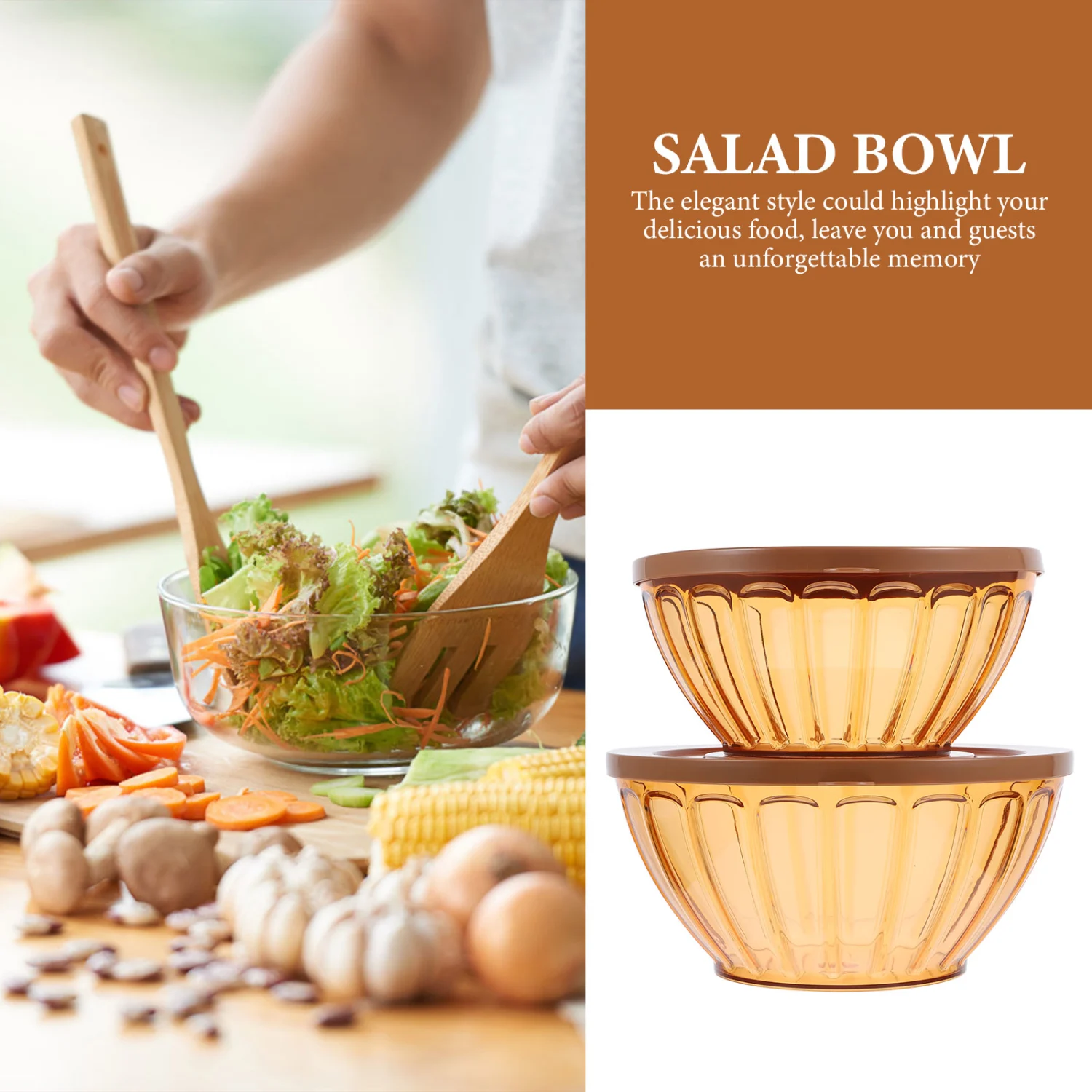 2pcs Salad Bowl Household Food Bowl Clear Plastic Dessert Container with Lid Home Tableware