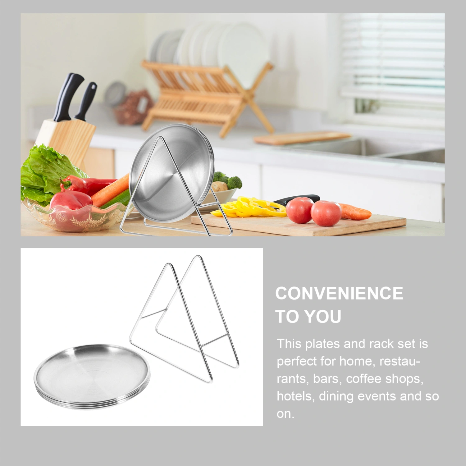 1 Set Stainless Steel Plates with Rack Round Serving Plate Pizza Tray Appetizer Storage Plate Salad Serving Tray