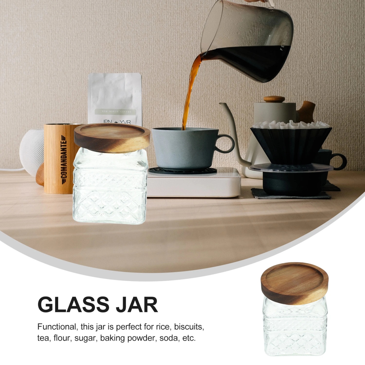 Glass Tea Container Clear Tea Canister Cereal Canister Glass Jar with Wood Lid Dry Fruit Storage Holder