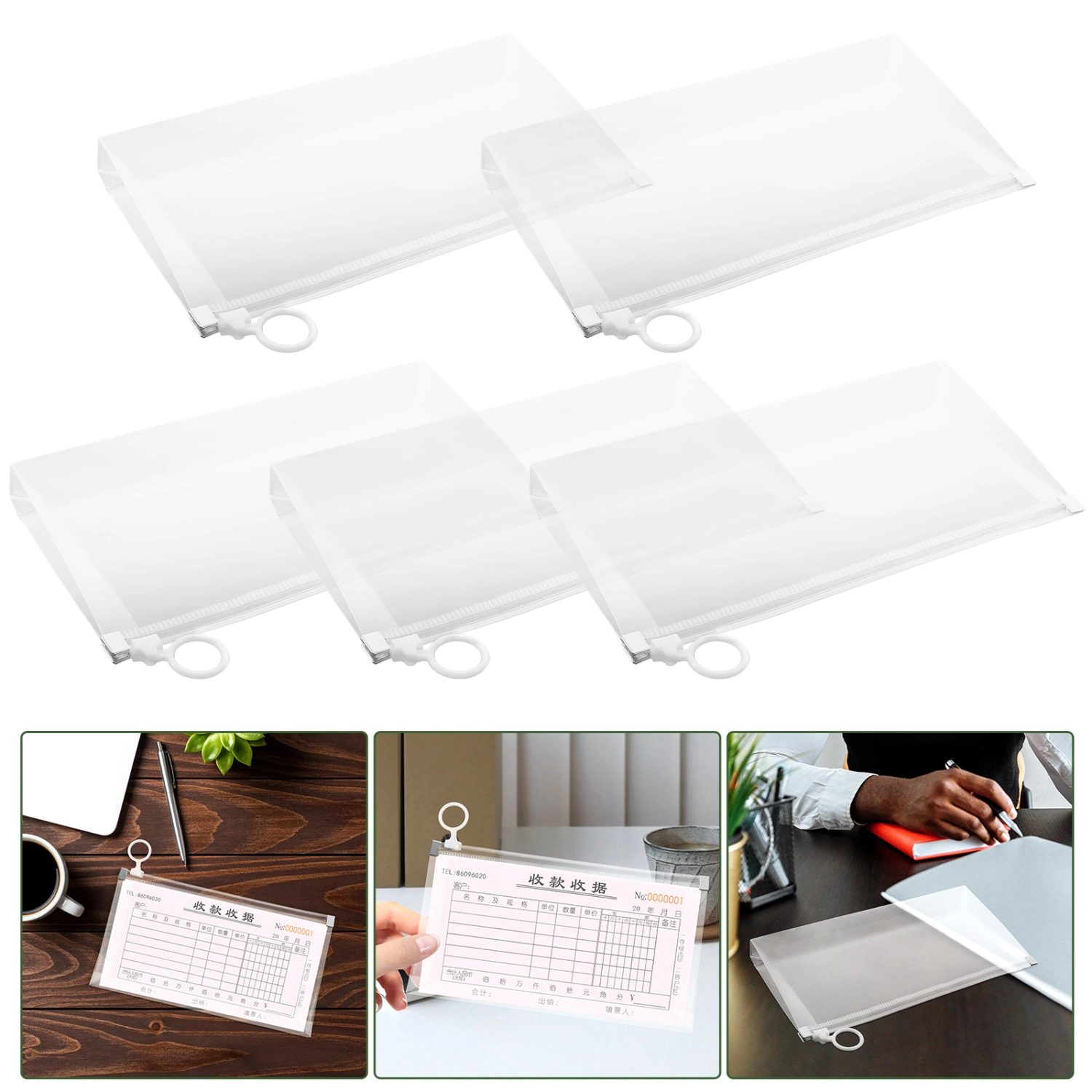 5Pcs Documents Envelopes File Bags Transparent File Pockets Plastic Document Storage Bags